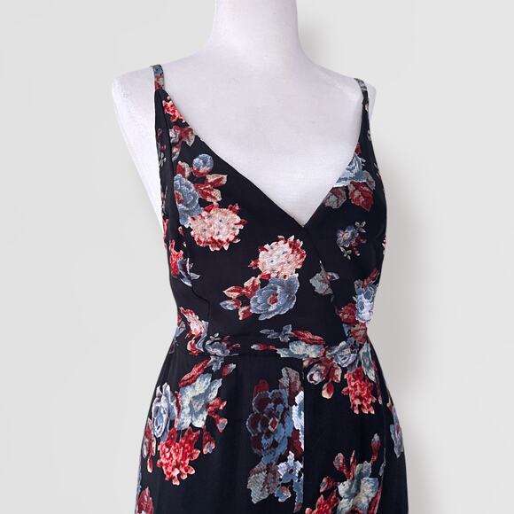 Boho Black Wide Leg Jumpsuit Floral Whimsygoth Plunge V-Neck Festival One Piece - Picture 4 of 9